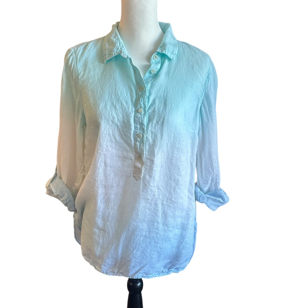 Talbots Shirt Women's Medium Blue Green White Ombre Button Up 100% Linen Shirt